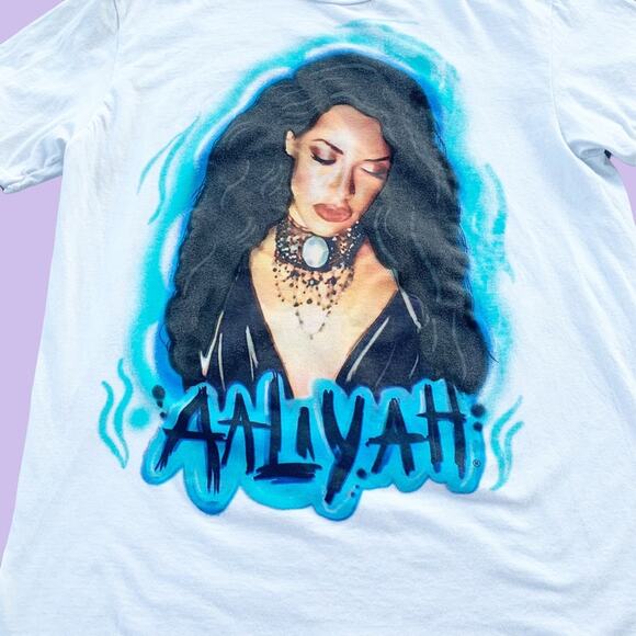 Aaliyah Airbrush Style Top T-Shirt White Size L Singer R&B 90s Y2K Band Tee - Picture 2 of 7